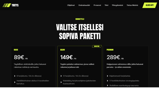 Nettisivun hinnoittelusivu selkeällä paketoinnilla