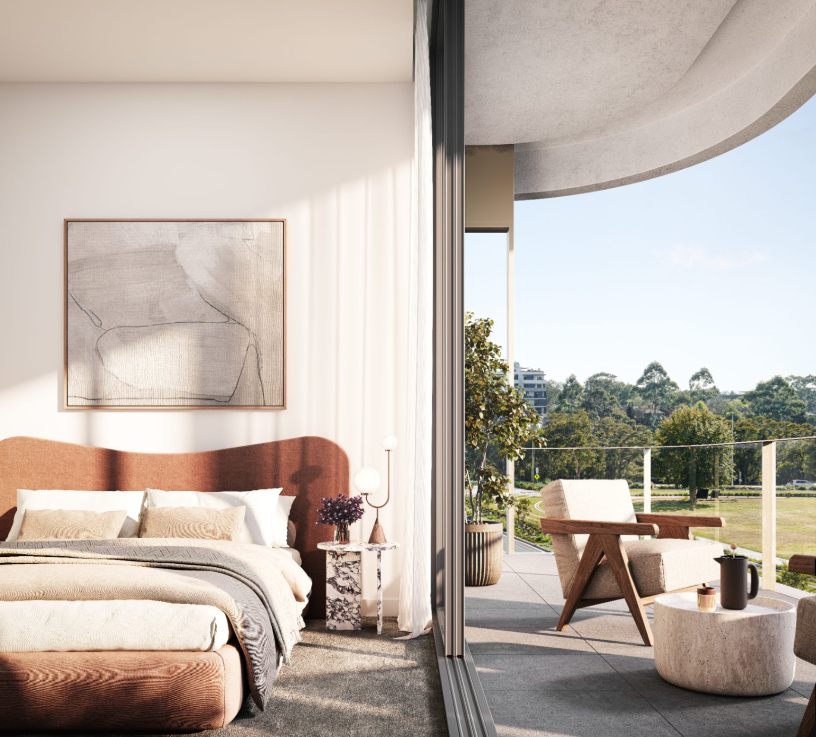 Modern bedroom at Cosmopolitan Parramatta with soft finishes, natural light, and direct access to a private balcony overlooking parklands.