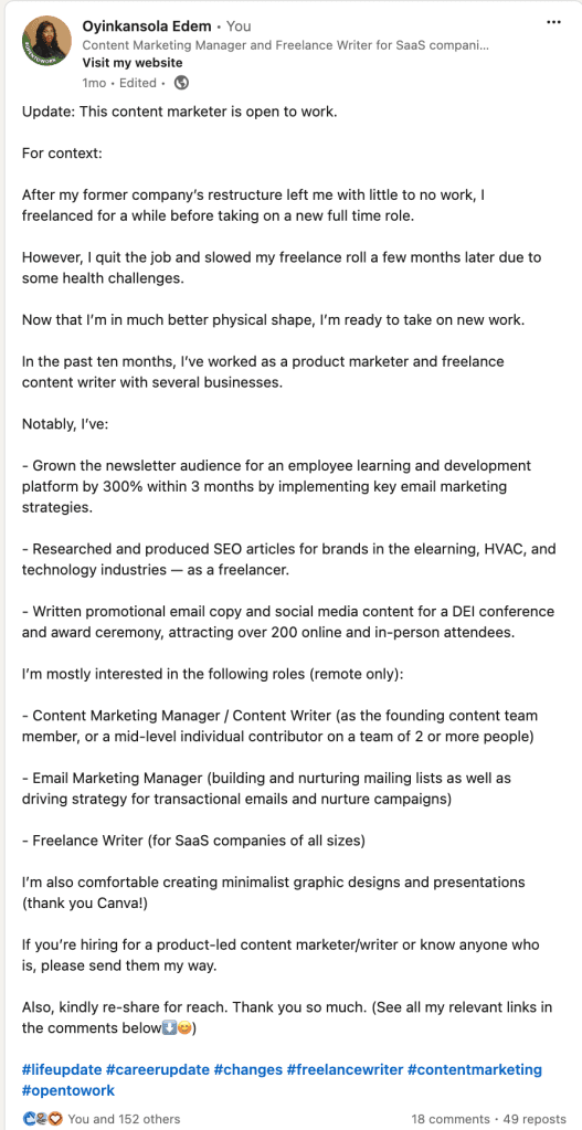 Oyinkansola Edem's LinkedIn post about being open to work