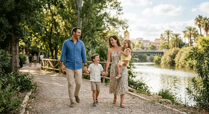 Crea una imagen realista premium de Una fotografía de una familia (padres e hijos pequeños) disfrutando de un paseo por una zona exterior arbolada y soleada de Murcia (como el jardín del Malecón o las orillas del río Segura). La composición muestra una luz natural muy limpia y un enfoque nítido en sus expresiones de felicidad y tranquilidad, transmitiendo la idea de un futuro familiar asegurado.