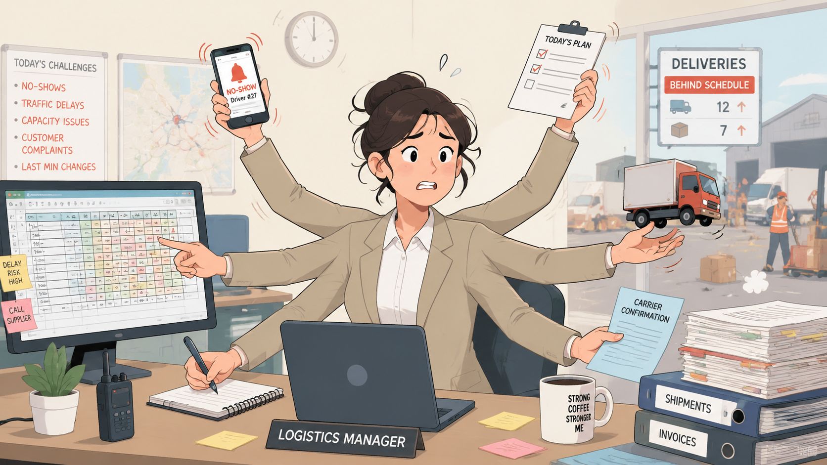 A stressed logistics manager multitasking with six arms while managing deliveries, shipments, and office challenges.