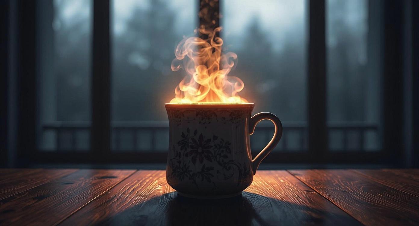 Tazza in ceramica dal design minimale con linea grafica sinuosa, concept visivo sul tema del calore e della quiete.