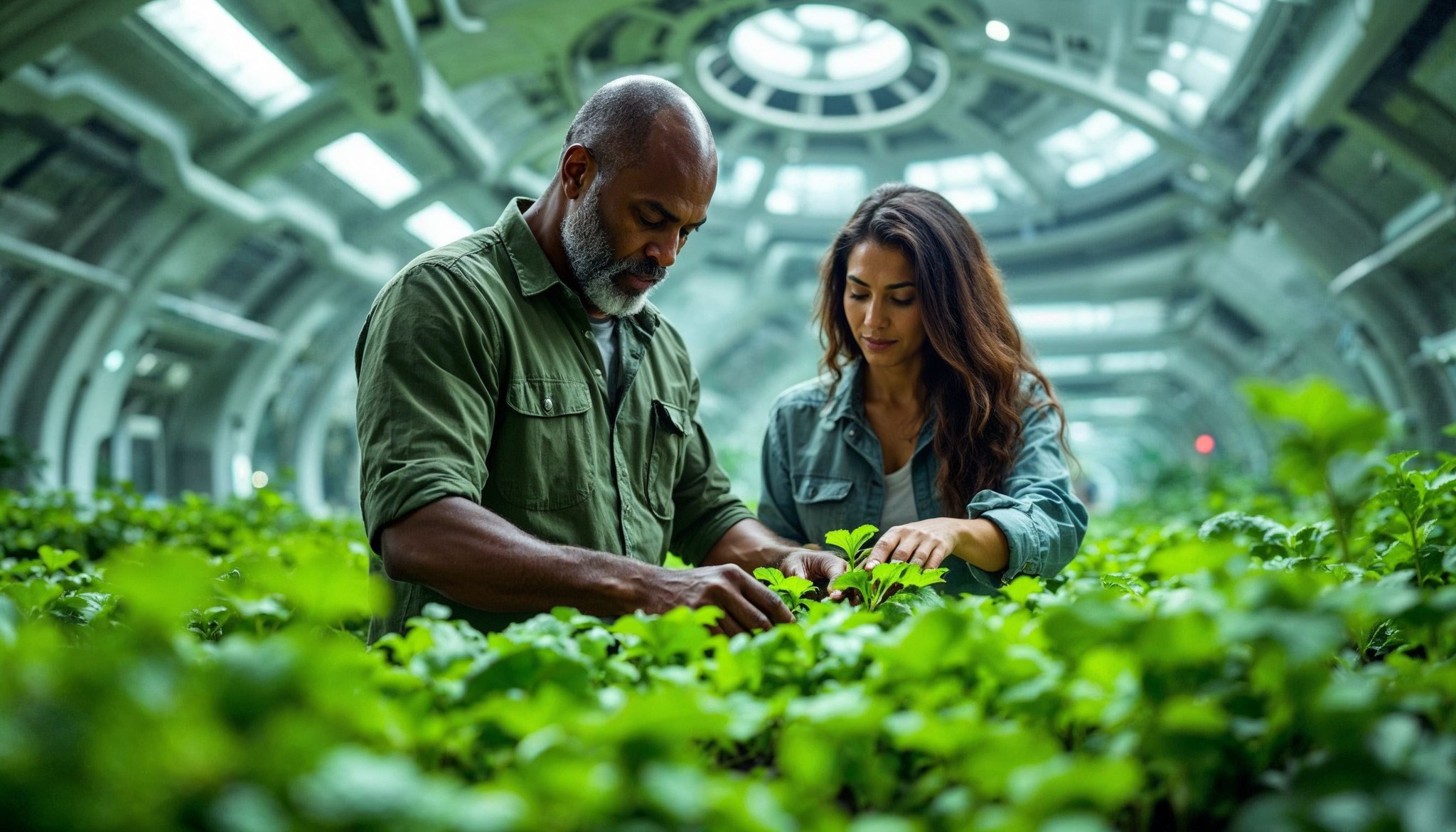 Two people tending to green plants in a modern greenhouse. The space is filled with natural light, and both individuals, dressed in casual clothing, are focused on nurturing the plants.