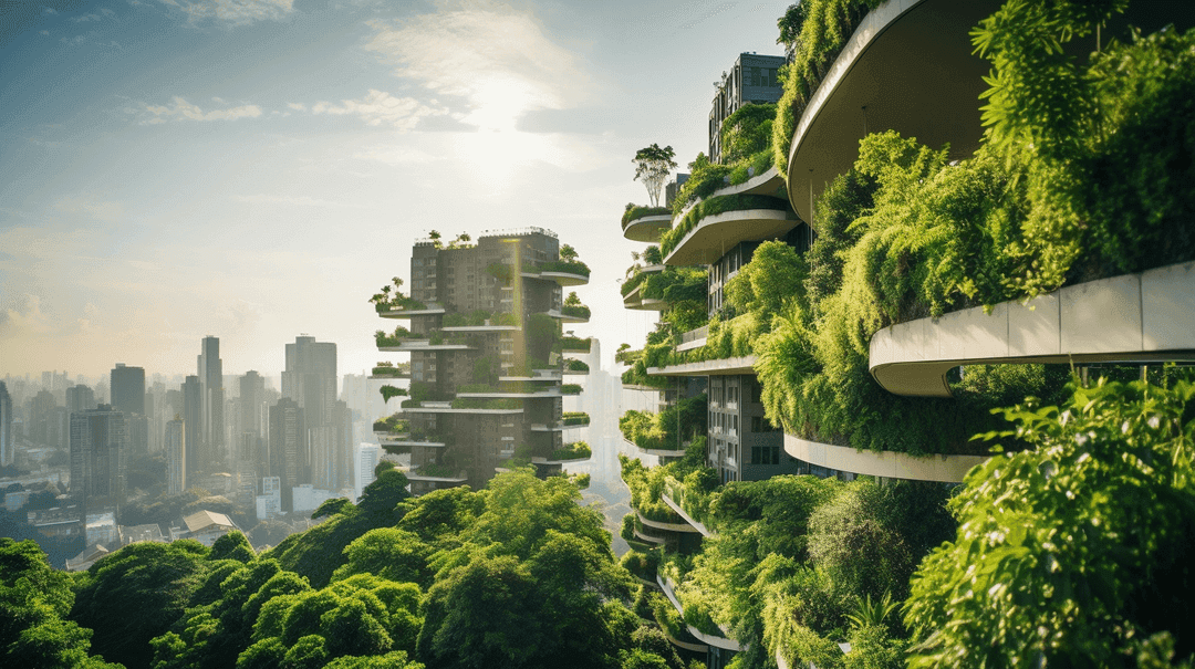 Vertical forest towers covered in lush vegetation overlooking city skyline in sustainable architecture concept