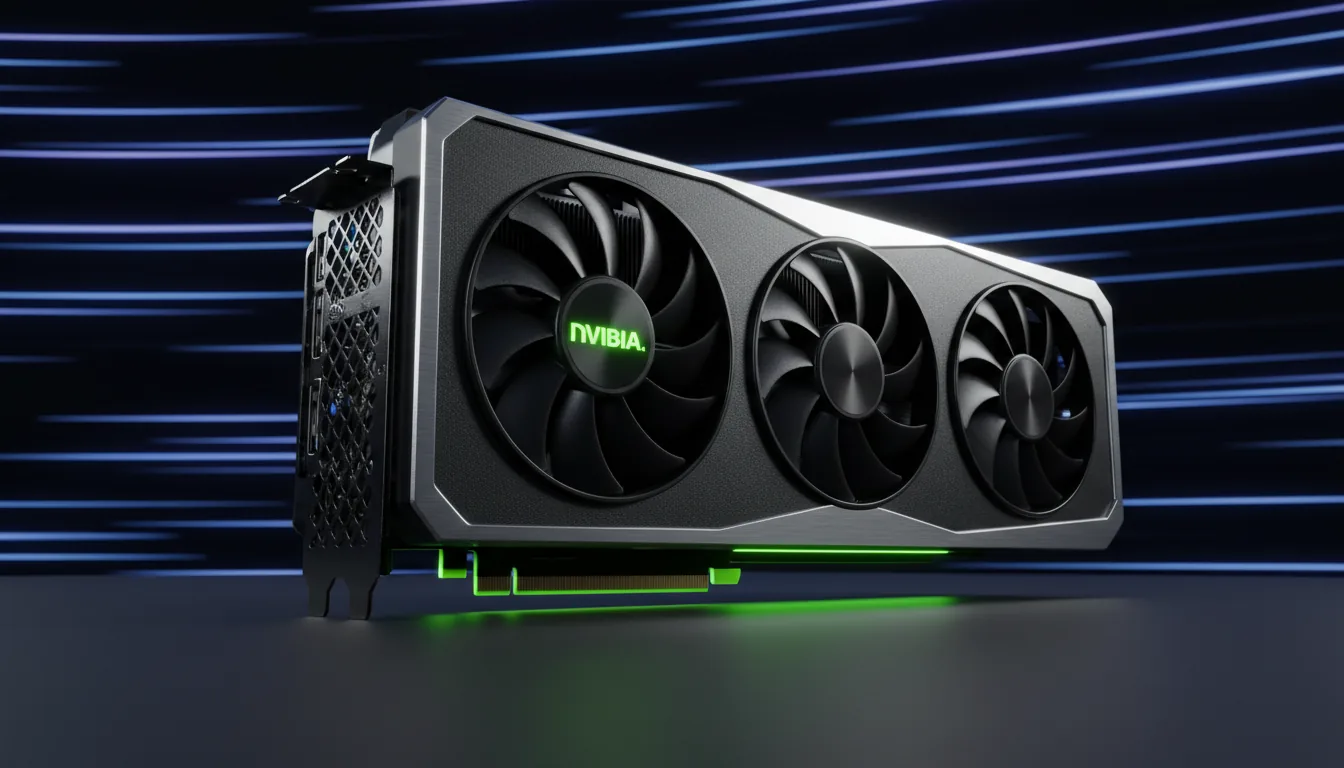 3D product render of an NVIDIA RTX 4080 Super graphics card, cinematic hero shot from a low angle. The card features a matte black and textured metal casing with polished silver accents. Dramatic studio lighting with high contrast highlights the card's form. A vibrant green light from below casts a strong glow on the card's underside. The background is a dark, abstract environment with sleek, reflective horizontal lines that recede into the distance, creating a sense of speed and depth.