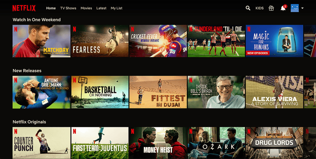 Netflix-Startseite mit personalisierten Reihen empfohlener Titel als Beispiel für laufende Modellverbesserung