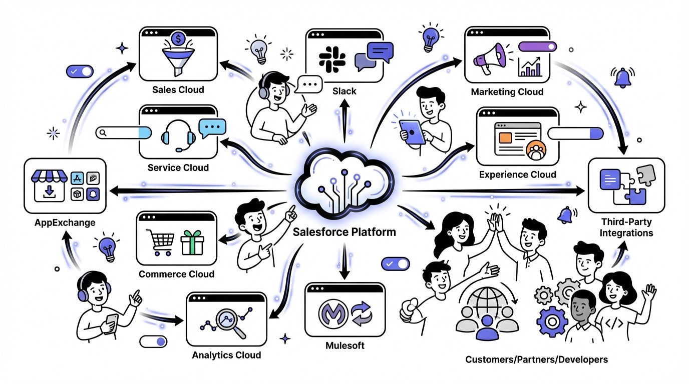 A modern, tech-themed diagram illustrating the Salesforce ecosystem. A central Salesforce platform hub connects to various clouds like Sales, Service, Marketing, and Slack, which in turn connect to AppExchange, third-party integrations, and user groups, showing a comprehensive and interconnected network.
