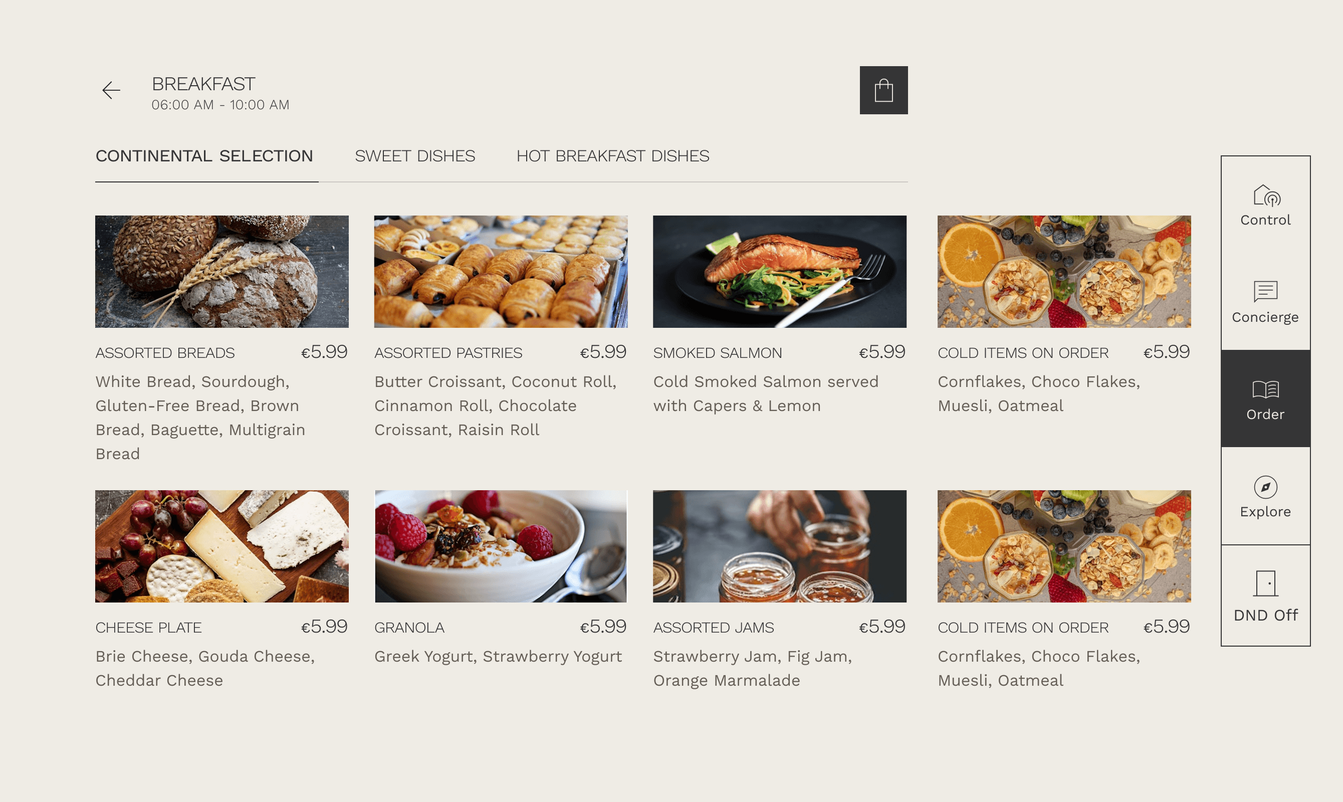 OneAvant Restaurants & Service dashboard showing a smart interface for menu and inventory management. The screen displays breakfast menu items with images, ingredient details, and door lock controls, highlighting connected POS, automated ordering, and ingredient-level tracking.