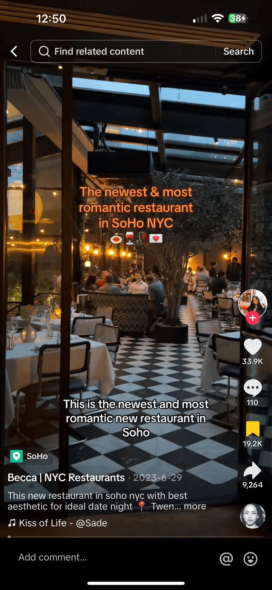 tiktok screenshot romantic restaurant in SoHo NYC