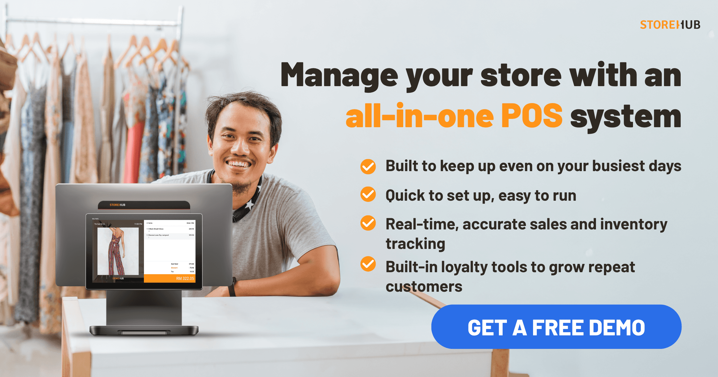 Urus kedai pakaian anda dengan all-in-one POS: inventori varian, segerak setiap cawangan, setup cepat, dan loyaliti terbina.