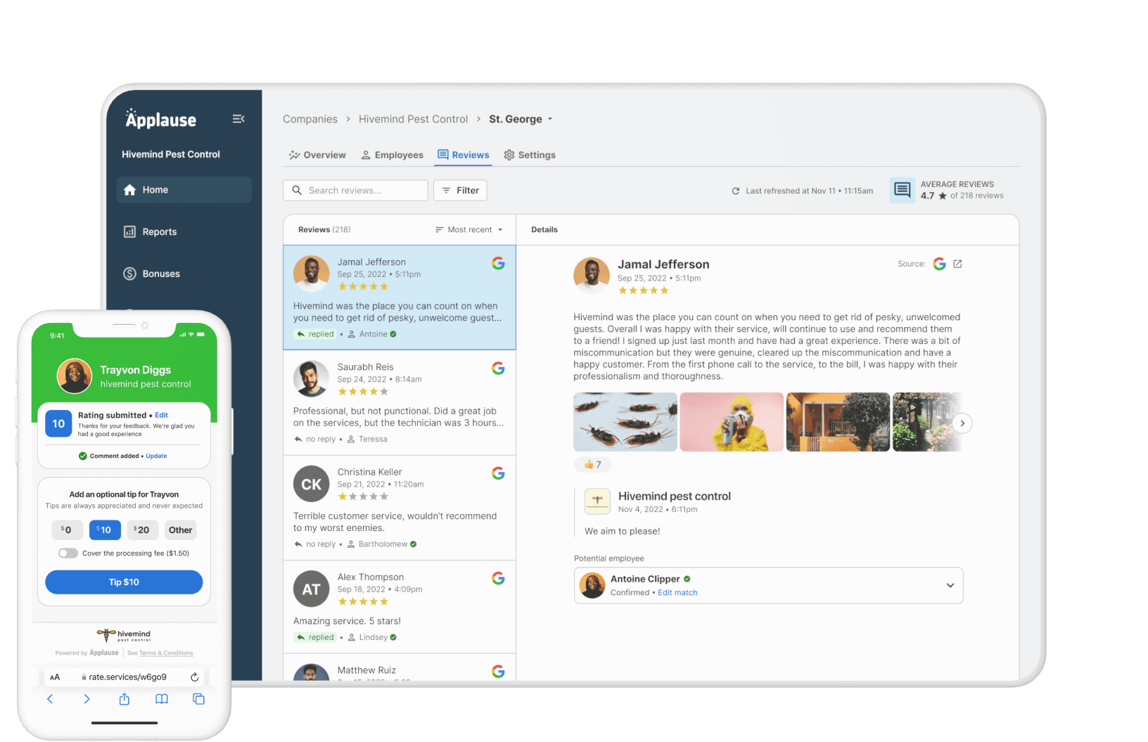 Applause dashboard showcasing pest control customer reviews, employee feedback, and a mobile view of tipping and review submission.