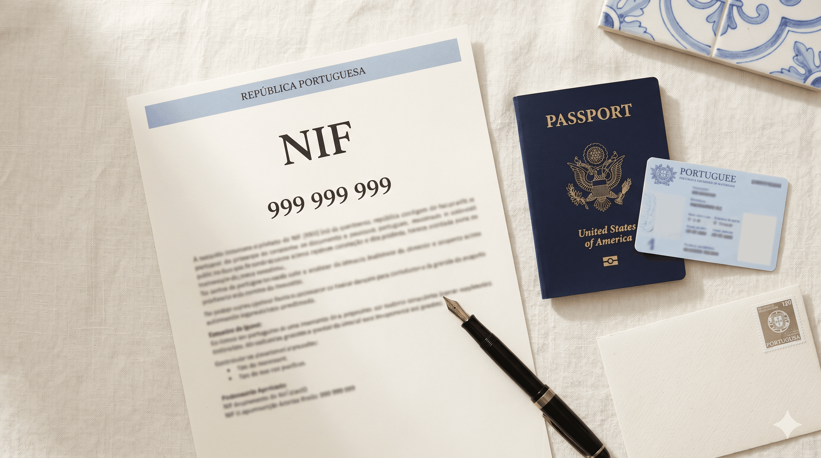 A flat-lay of a Portuguese NIF tax identification document, a US passport, and an envelope with a Portuguese postage stamp on a cream linen background — illustrating the NIF application process for Americans relocating to Portugal.