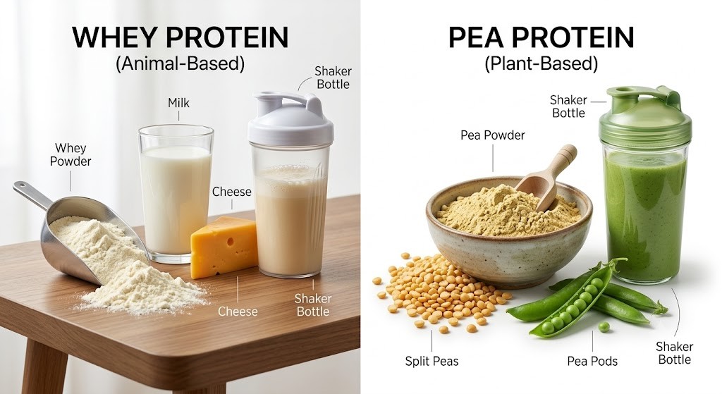 A photorealistic split-screen infographic comparing animal-based Whey Protein (milk, cheese, powder) and plant-based Pea Protein (peas, pods, powder).
