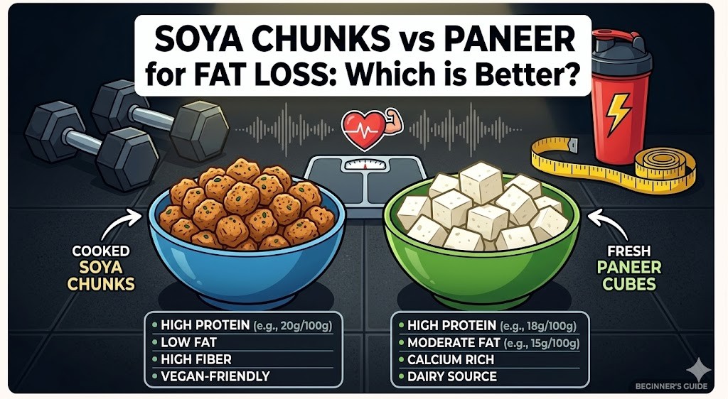 An infographic guide comparing the nutritional value of soya chunks versus paneer cubes for fat loss, detailing the protein, fat, and fiber content of each in a gym setting.