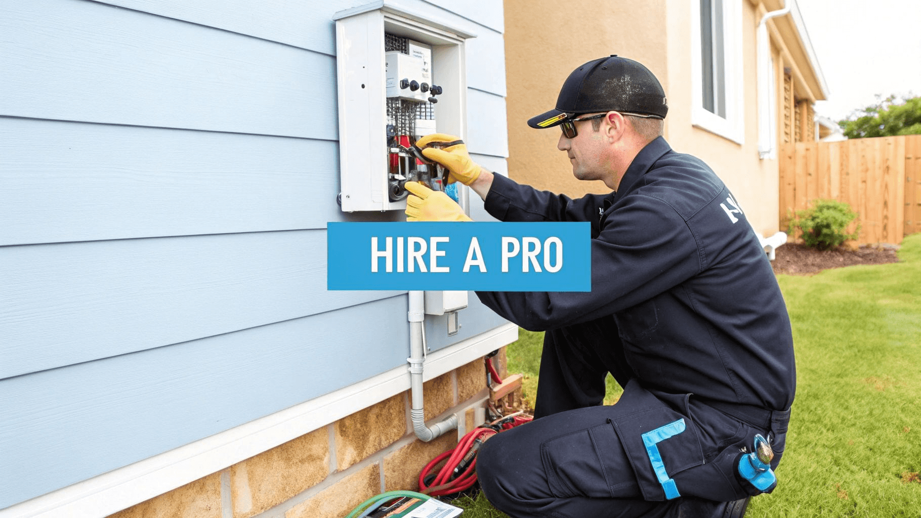 an electrician working on a transfer switch in a black uniform with a blue box of text in the foreground displaying 'hire a pro'