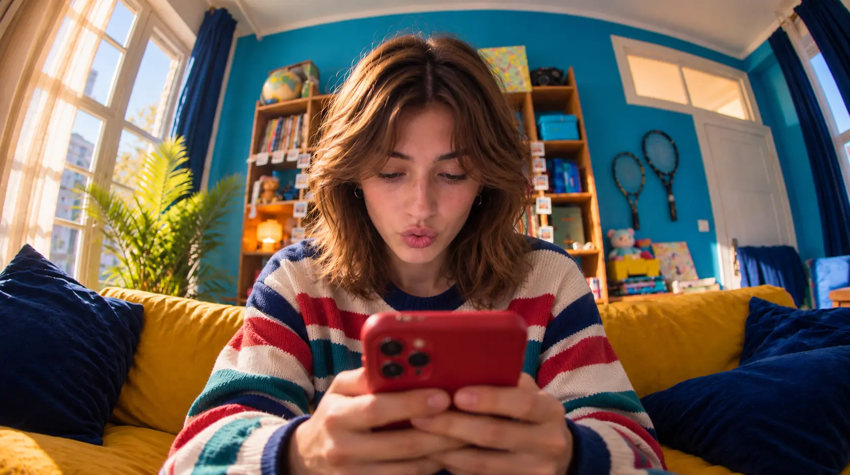 Girl on a sofa checking her phone for trip photos from friends