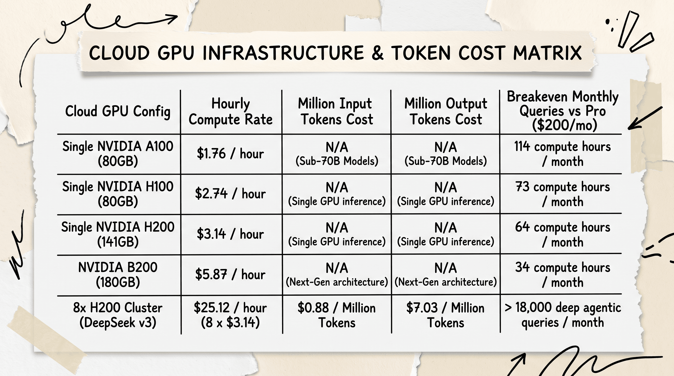 Infrastructure cost matrix comparing cloud GPU hosting rates for DeepSeek v3 with flat ChatGPT Pro subscription pricing