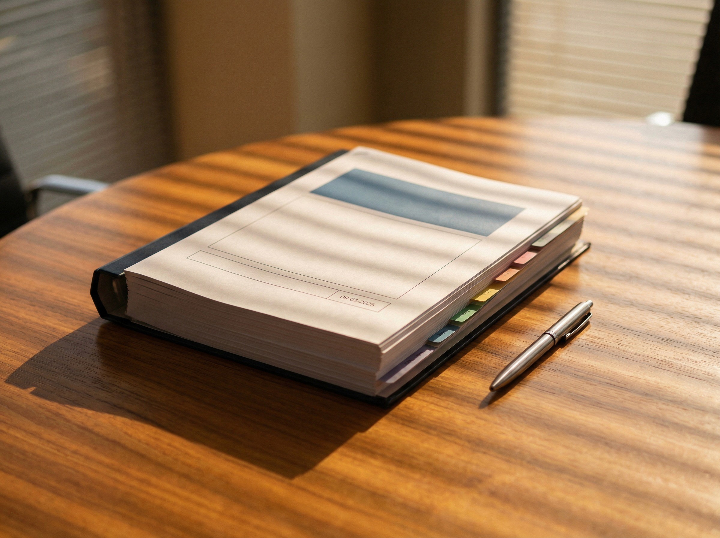 A still, contemplative shot of a single, thick, professionally bound compliance document resting on a warm timber surface — a boardroom table or a polished desk — lit by late afternoon light coming through venetian blinds.