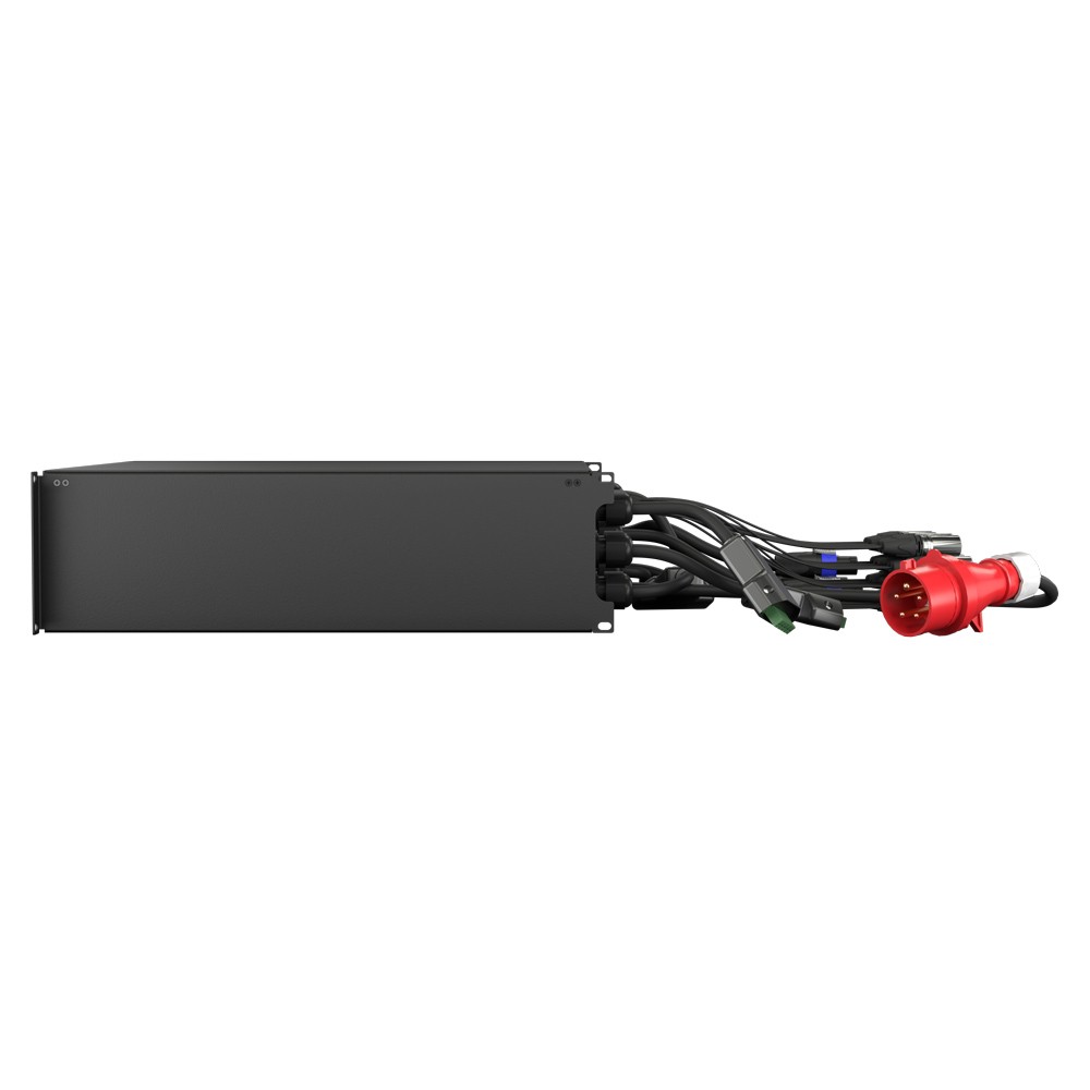 Black power distribution unit with cables and red connector.