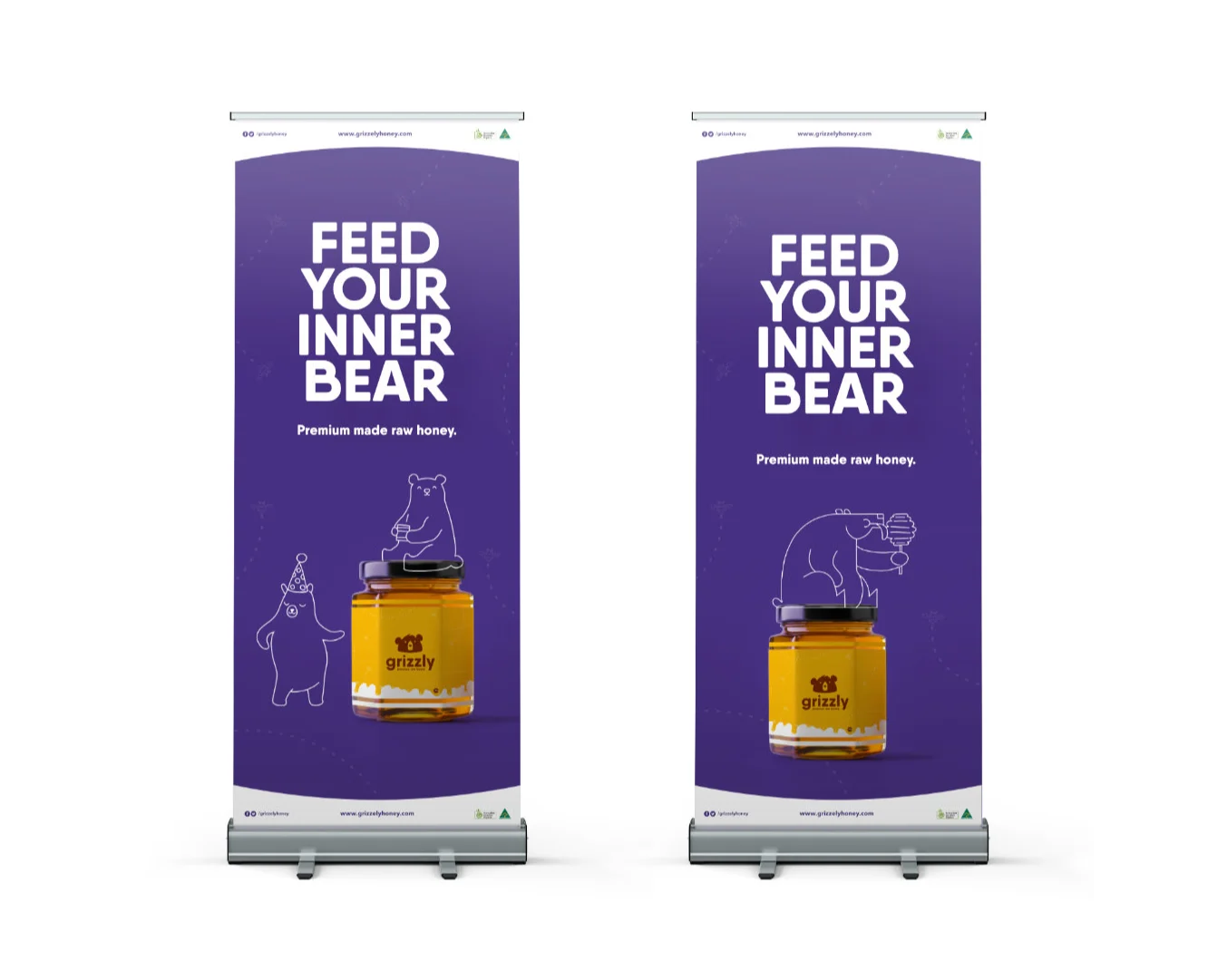 Professional brand color system for Grizzly Honey by Made by Campfire, featuring high-contrast yellow, white, and purple logo variants designed for boutique market disruption.