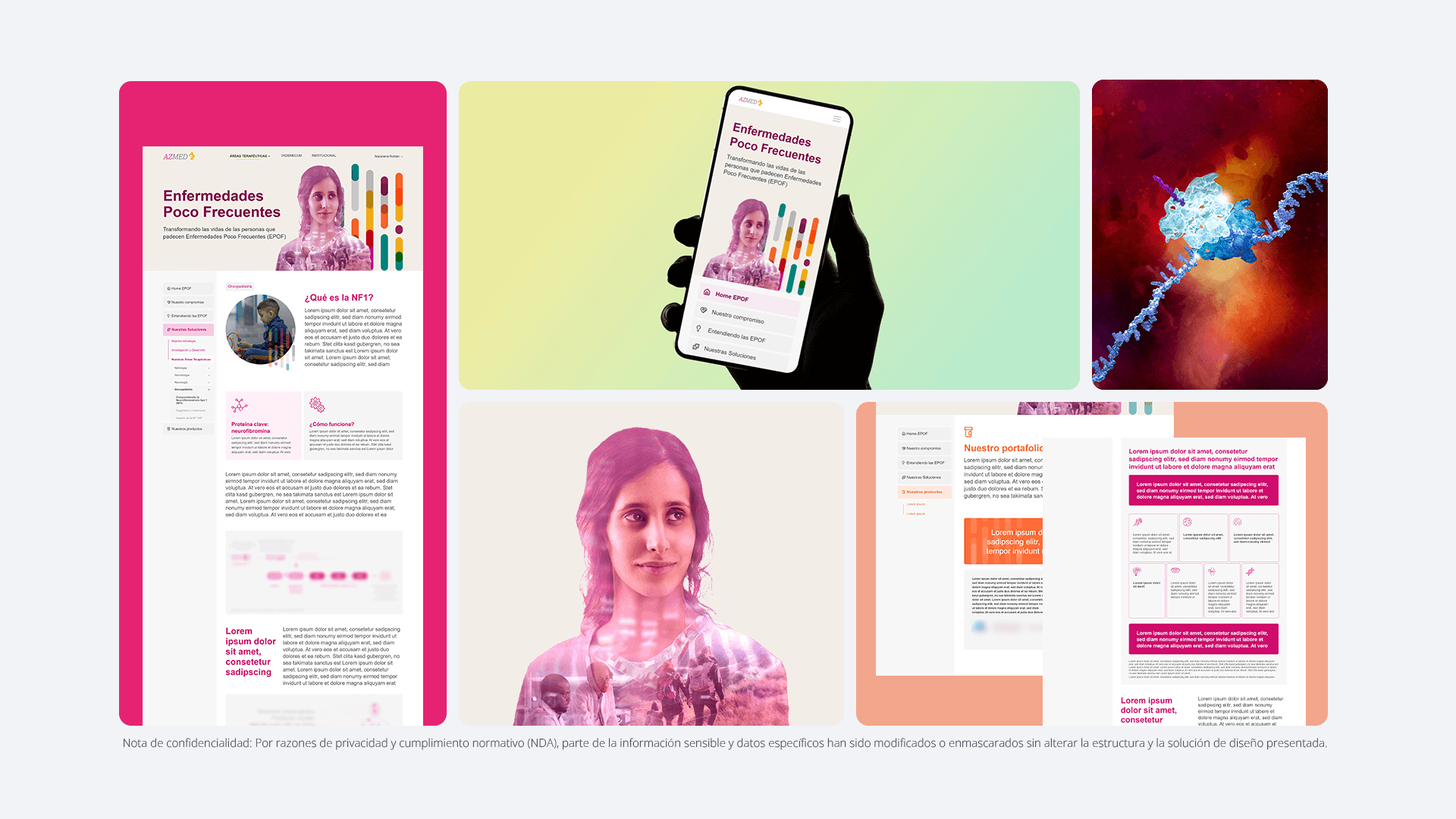 Collage de folleto digital sobre enfermedades raras, incluyendo visualizaciones de ADN y mockups de dispositivos móviles.