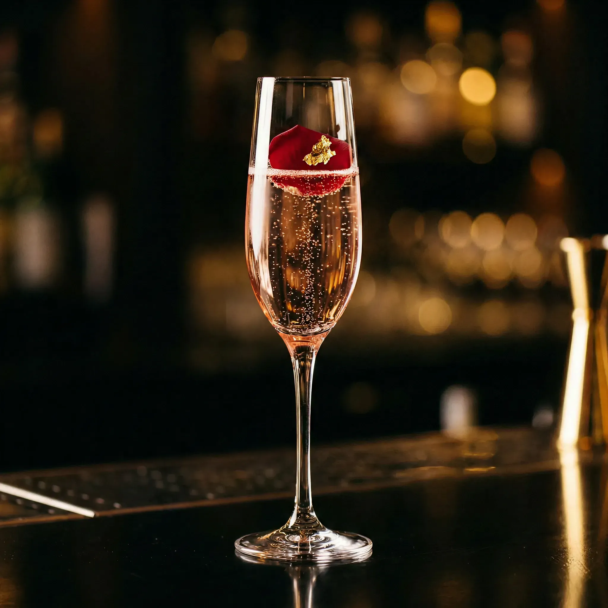 A tall champagne flute filled with sparkling rosé, adorned with a red rose petal and gold leaf, stands on a dimly lit bar, evoking elegance and luxury.
