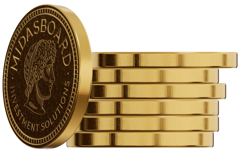 Stacks of gold Midasboard coins representing capital raising for alternative investments