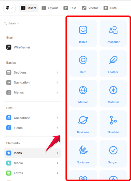 Bibliothèques d’icônes disponibles dans Framer comme Phosphor, Feather ou Heroicons