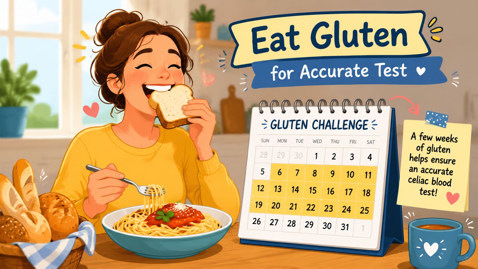 A smiling woman eating bread and pasta next to a calendar highlighting a gluten challenge schedule.
