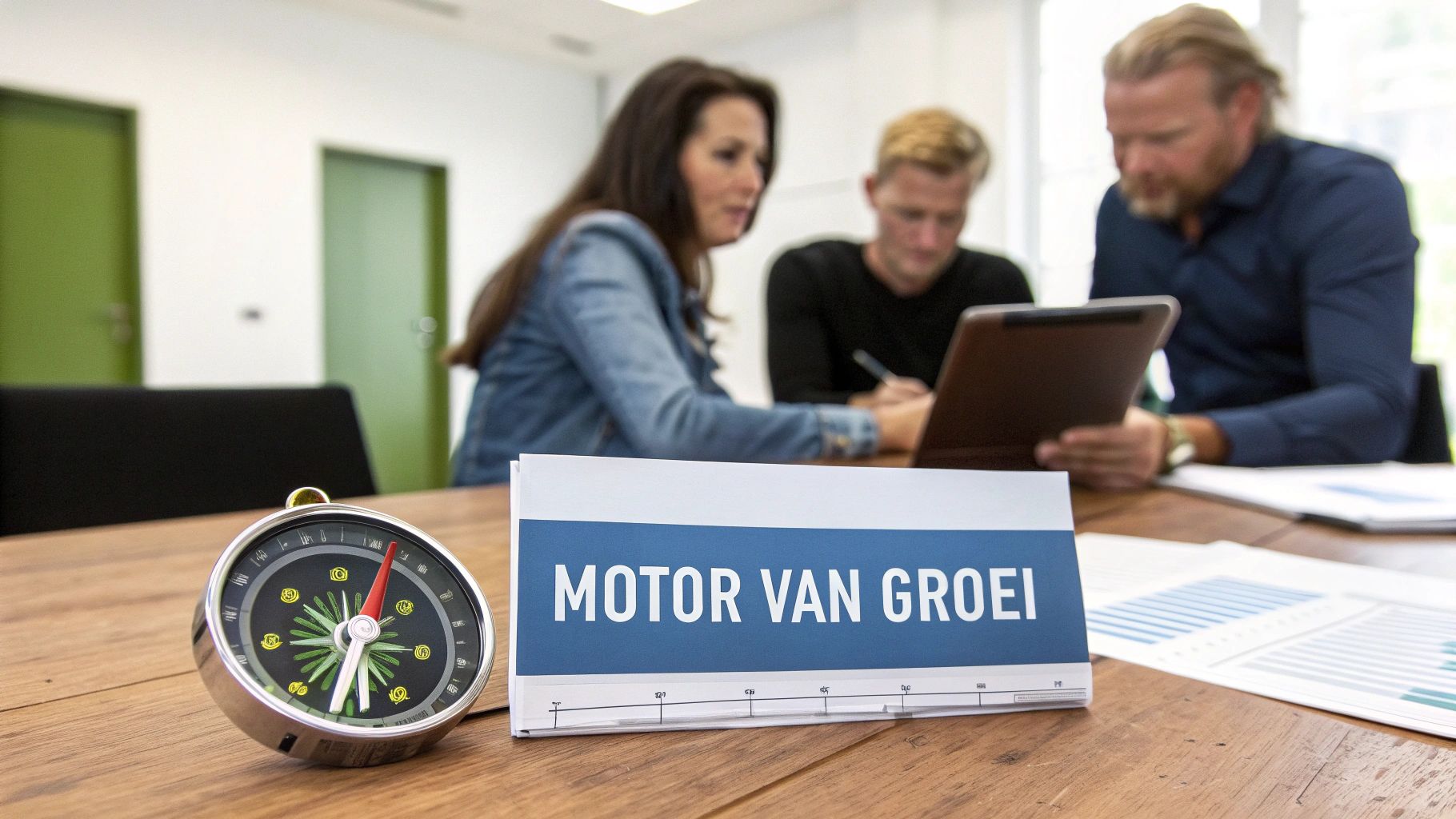 Drie mensen in een zakelijke bijeenkomst, met een kompas en 'Motor van Groei' bordje op tafel.