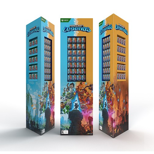 Three display towers at different angles displaying Minecraft Legends products