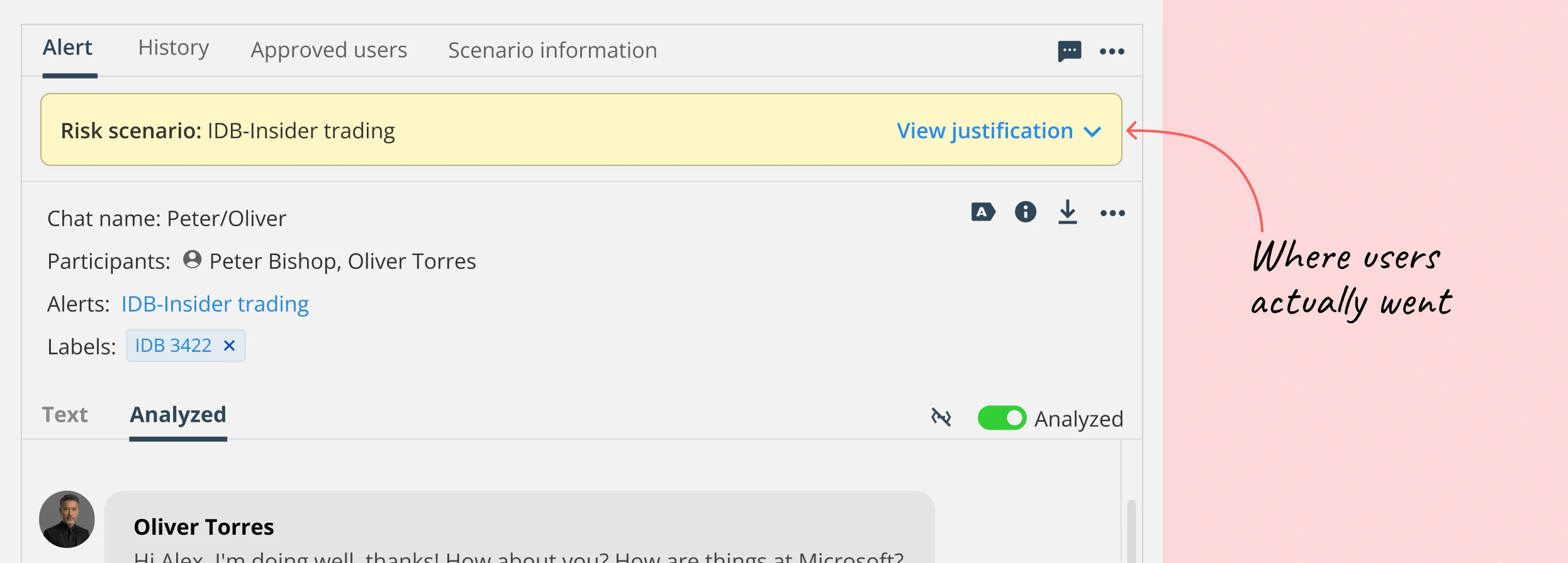Screenshot of the Behavox alert panel showing the Risk scenario row with a  "View justification" link highlighted. An arrow points to it from a caption  reading "Where users actually went," showing the decision point where users  naturally looked for context before taking action.
