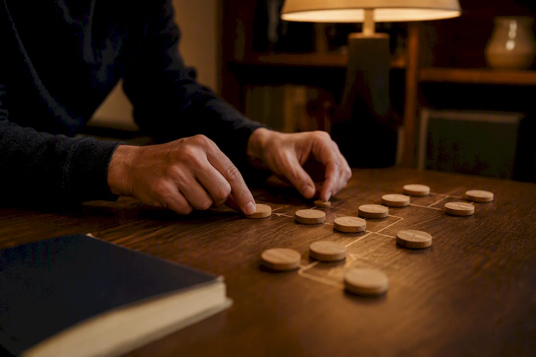 Hands organizing sales lead tokens on dark table