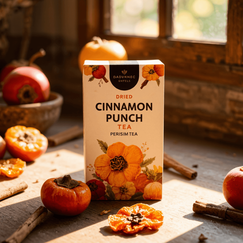 product photography of box of dried cinnamon punch tea