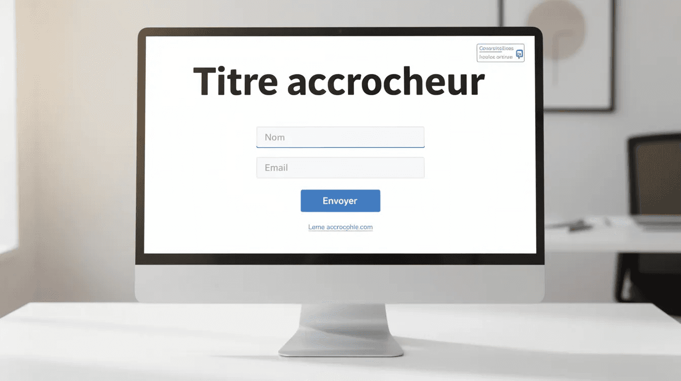 L'image montre un écran d'ordinateur affichant une page web avec un titre accrocheur et un formulaire simple, typique d'une landing page conçue pour maximiser le taux de conversion. On y voit également des éléments de mise en page qui incitent les visiteurs à s'inscrire ou à cliquer pour obtenir davantage d'informations.
