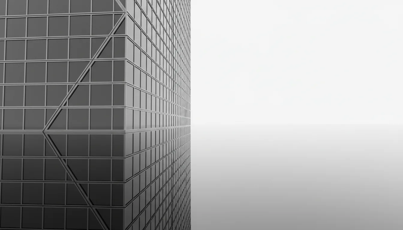 A high-contrast monochrome 3D render, architectural visualization in the style of Enscape or V-Ray, depicting a low-angle shot of a modern glass and steel skyscraper facade. The building's corner creates a strong diagonal grid of windows, which is perfectly reflected on a glossy black surface below to form an abstract, symmetrical V-shape on the left side of the composition. The right side is stark, minimalist white negative space. The scene is lit with soft global illumination, creating clean lines and sharp reflections without harsh shadows.