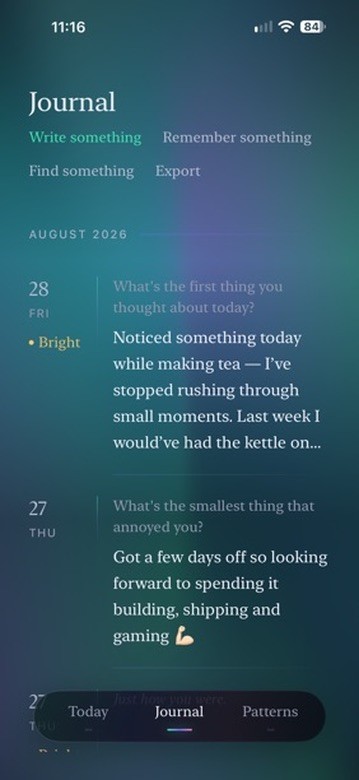 Lumarii early Journal screen with dated entries