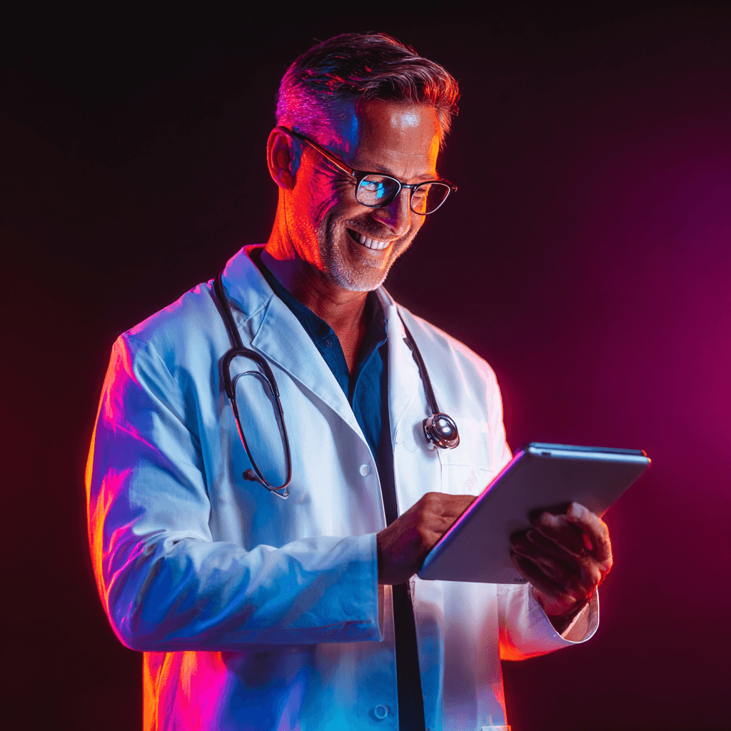 Smiling doctor looking at his tablet 