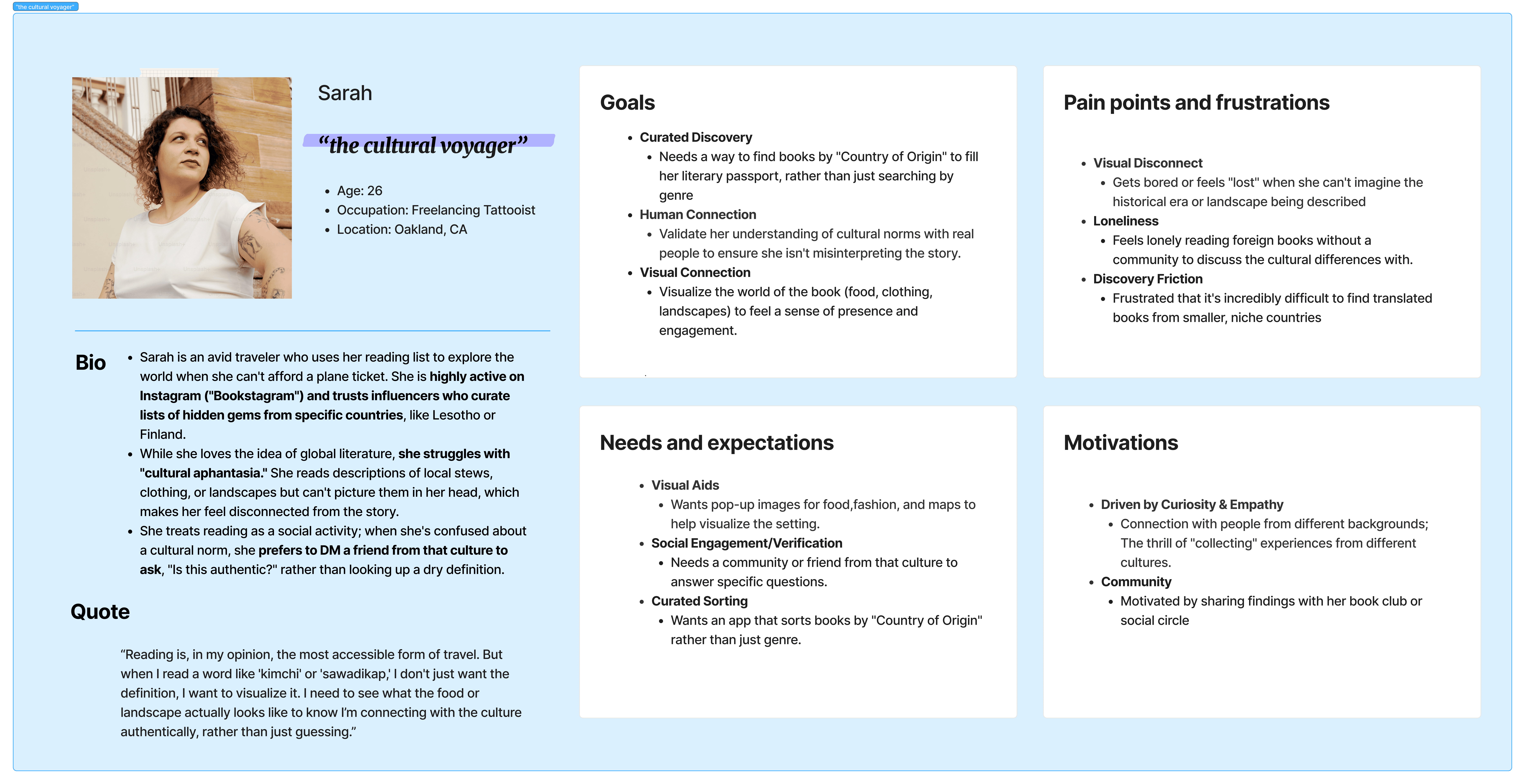 Sarah, the cultural voyager: persona board with goals, pain points, needs, and motivations