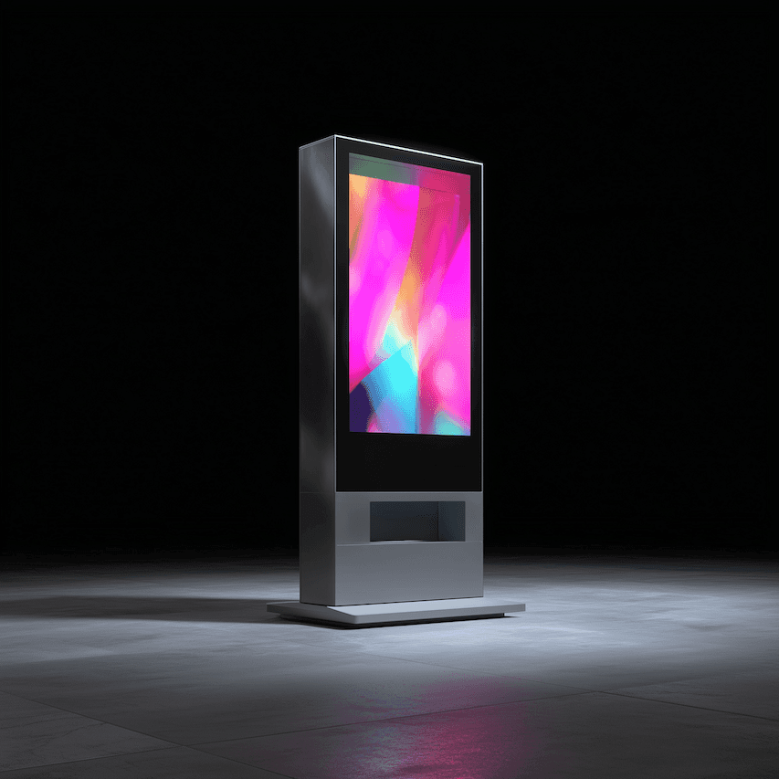 A modern digital signage display standing in a dark environment, showing vibrant content on a vertical screen.