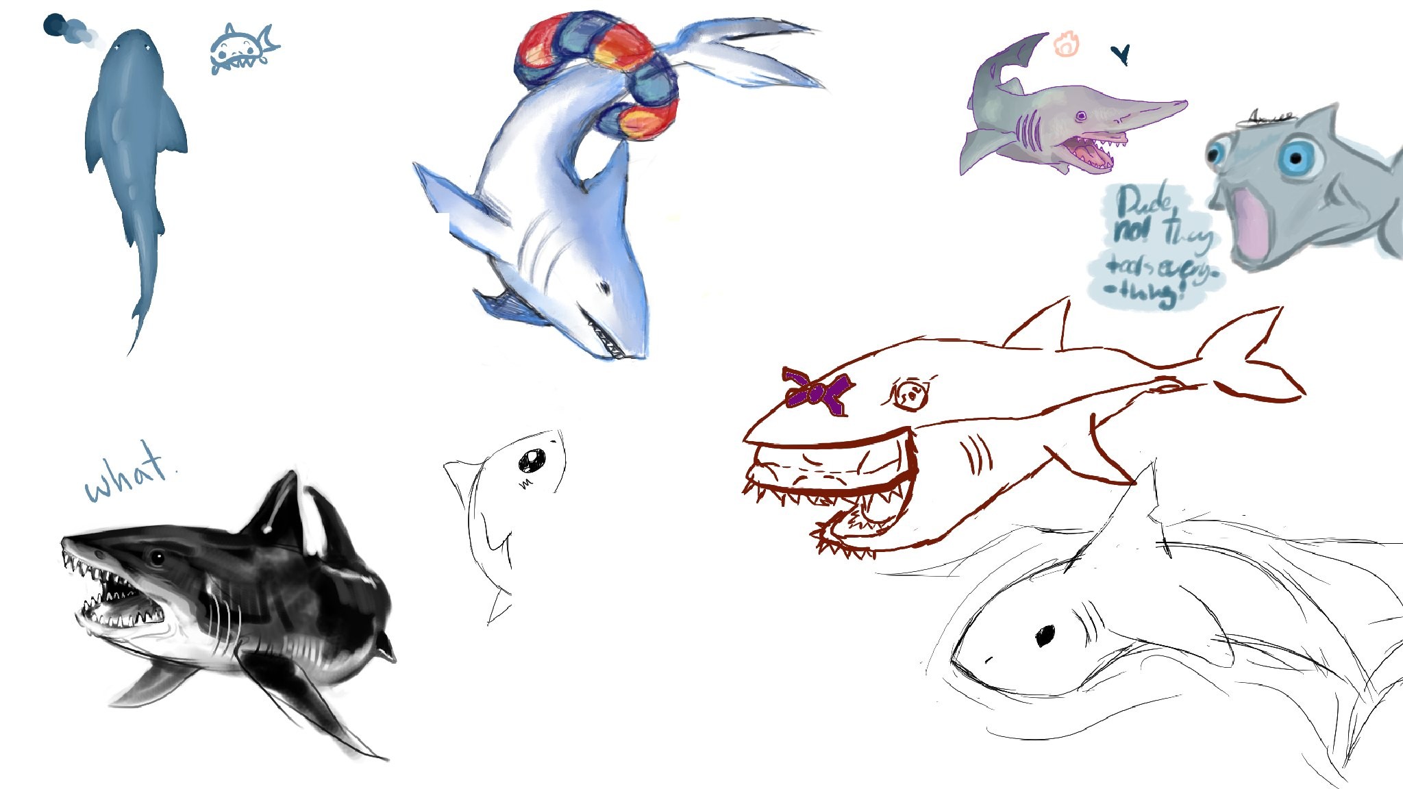 The "shark!" canvas (a few character drawings are left out). The outlined shark is the one with the swim ring further down.