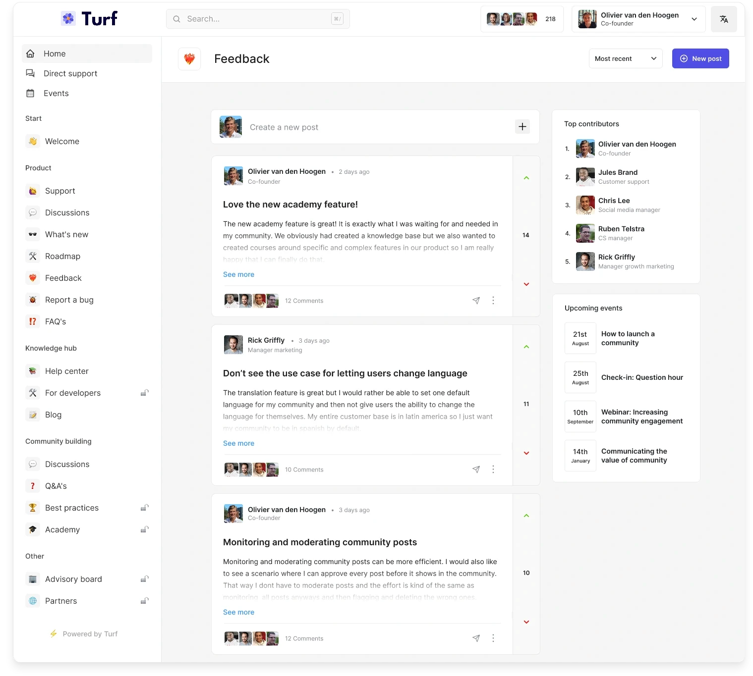 The product feedback boards in a community built with the Turf platform.