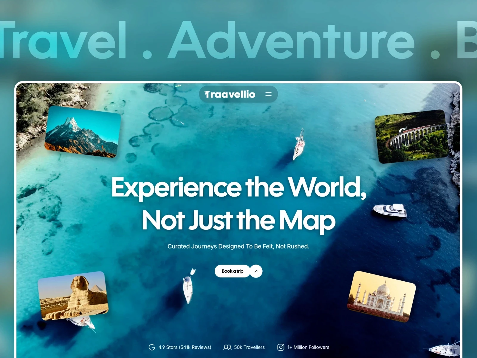 Traavellio travel booking template with ocean hero background, destination cards, book a trip CTA, and review stats.
