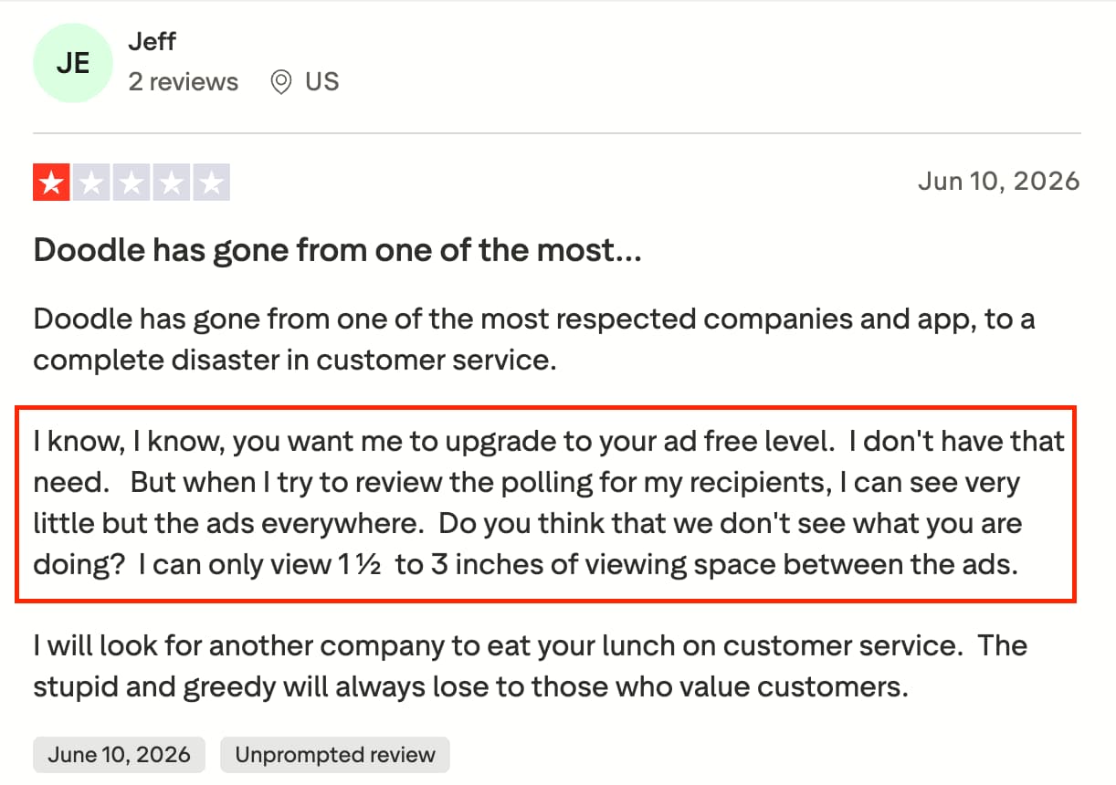 Trustpilot review mentioning Doodle booking page advertisements
