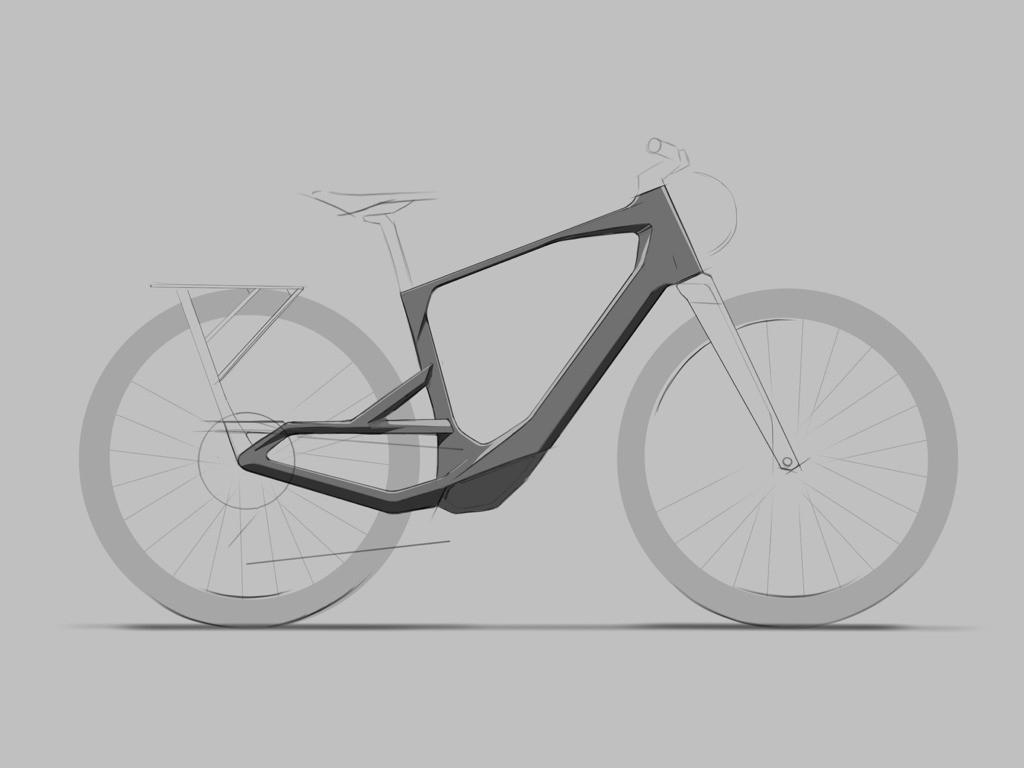 Industrial design sketches of a bicycle frame showing different angles and details.