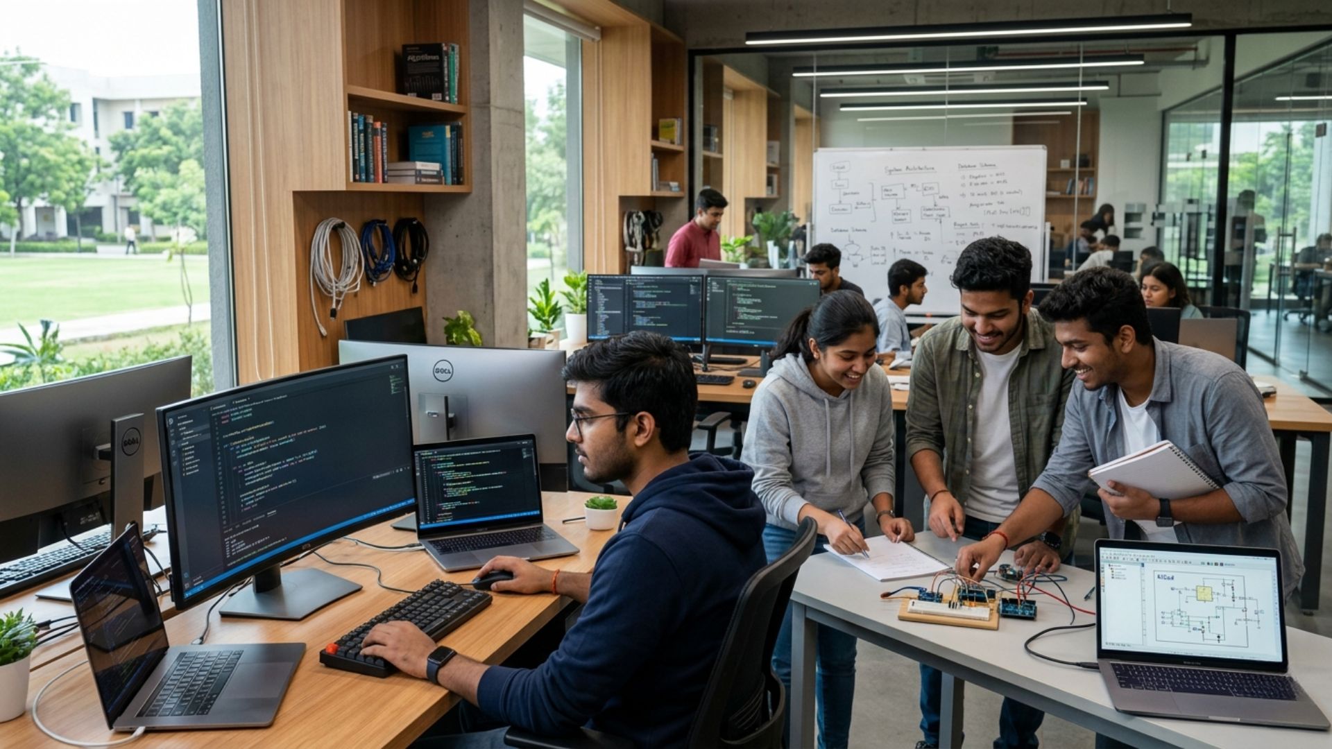 Engineering students learning coding and practical project work in a modern lab in India.
