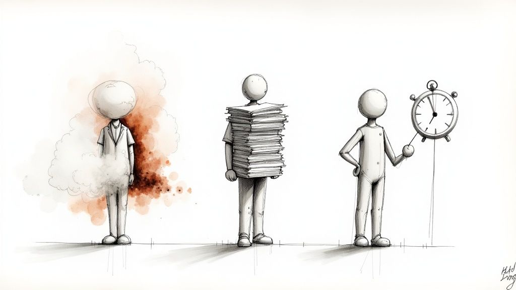 Una persona se ve estresada en su escritorio, representando el burnout laboral.