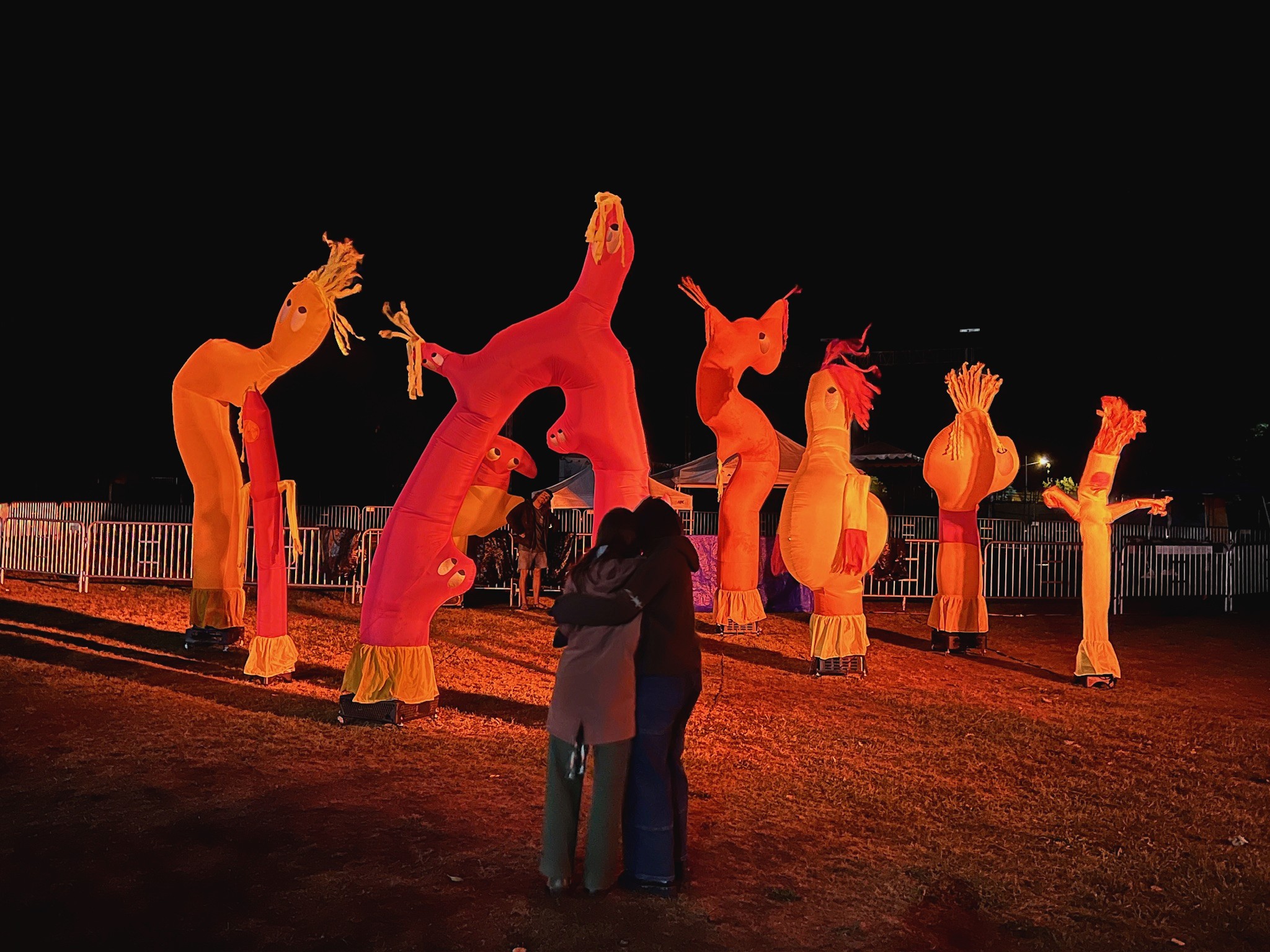 A couple hugs viewing inflatables in a night sky.