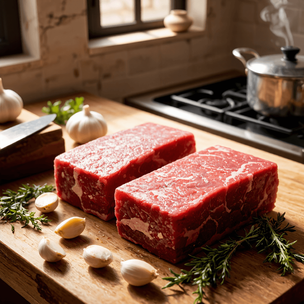 product photography of Two blocks of raw beef