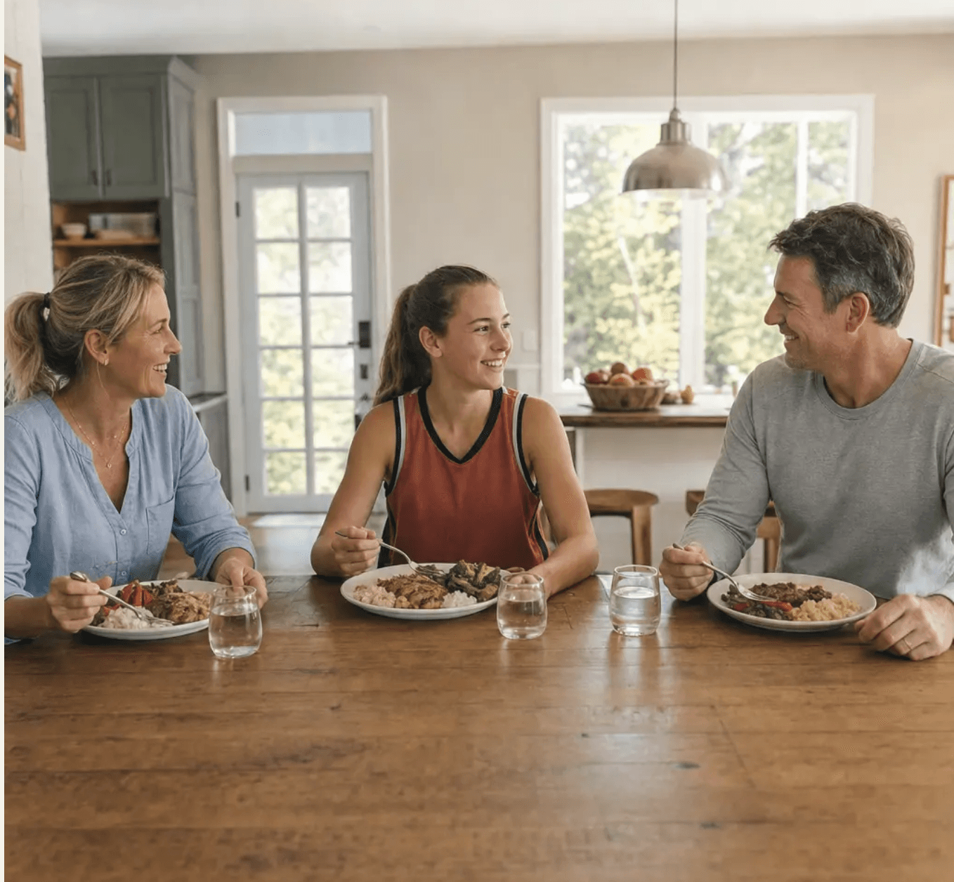 Family sharing dinner together after practice
